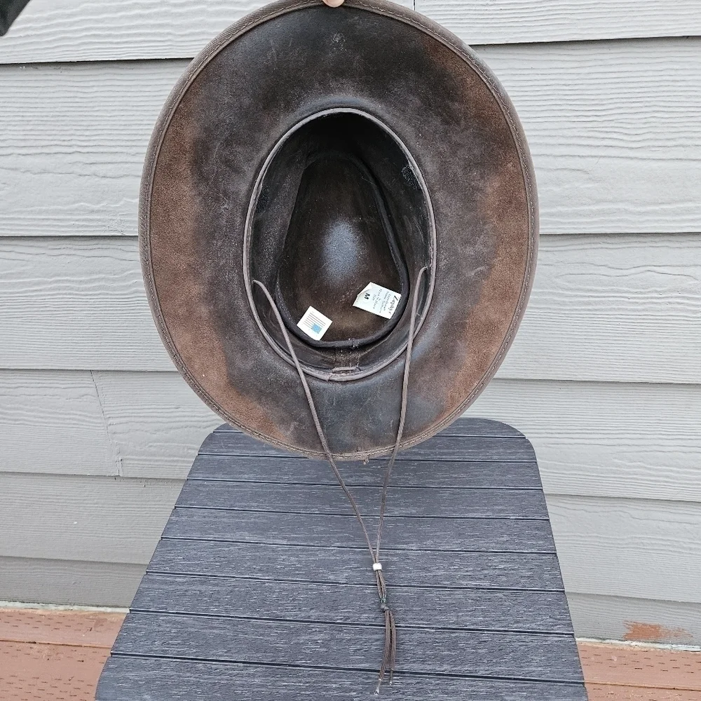 Zephyr Outback Western Rancher Hat Smooth Brown Leather w/ Chin Strap Vintage M